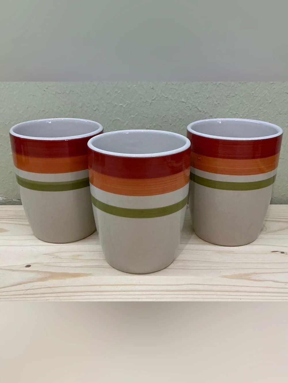 Vtg Royal Norfolk Stoneware Coffee Mugs Set Of 3 Red Orange Green Stripe Retro